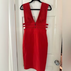 Bebe Vibrant Red Plunge Neck Bandage Dress